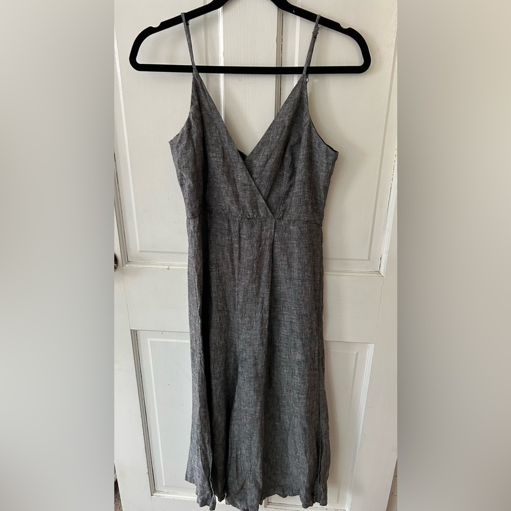 Tahari Linen Black Wide Leg Cropped Jumpsuit Sweetheart Neck Women's 4